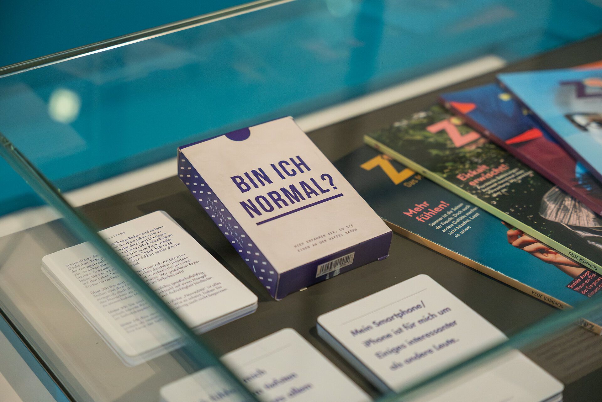 Vitrine der Niederösterreichischen Landesausstellung 2026 mit Kartenset „Bin ich normal?“ sowie Büchern und Reflexionskarten zum Thema mentale Gesundheit.