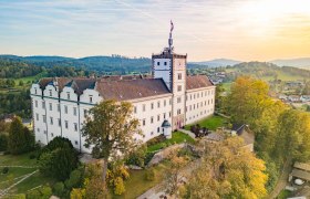 Luftaufnahme von Schloss Weitra in &Ouml;sterreich bei Sonnenuntergang, umgeben von gr&uuml;ner Landschaft und B&auml;umen.