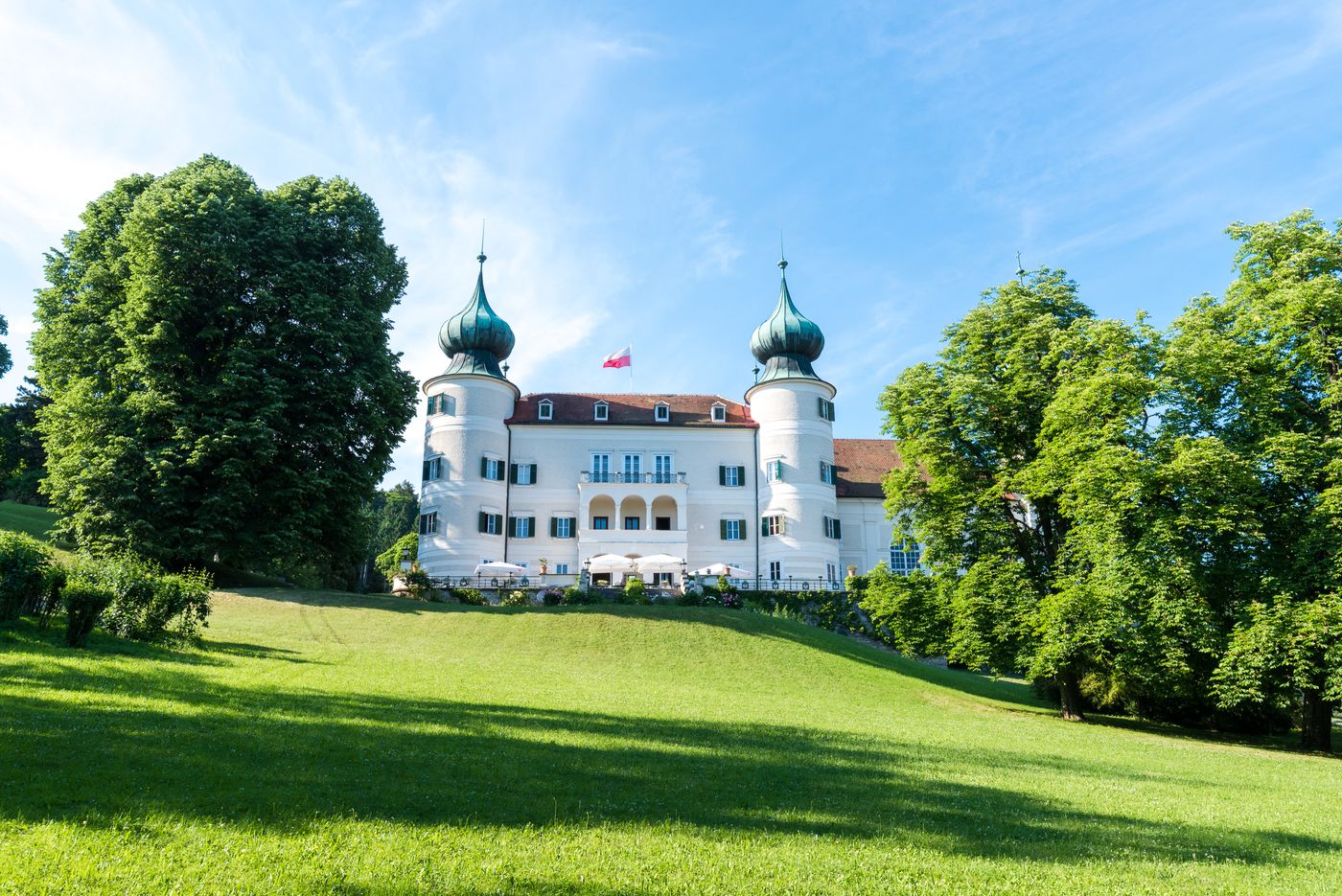 Ein Schloss mit zwei Türmen und einer Wiese im Vordergrund, umgeben von Bäumen.
