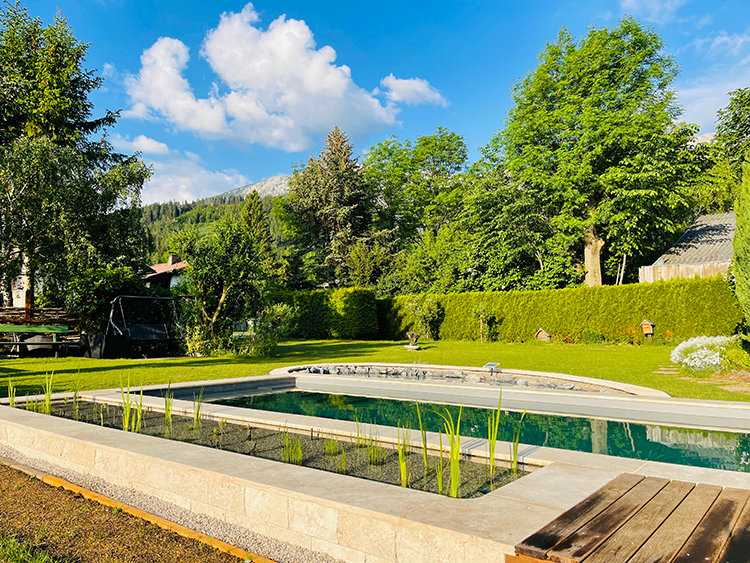 Ein gepflegter Garten mit einem rechteckigen Pool, umgeben von Bäumen und Hecken, unter einem blauen Himmel mit weißen Wolken.
