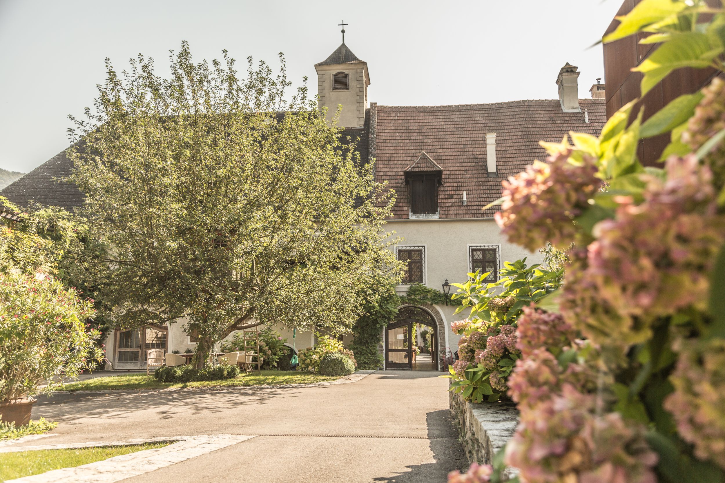 Innenhof des Weingutes Holzapfel mit blühenden Pflanzen und einem alten Gebäude im Hintergrund.