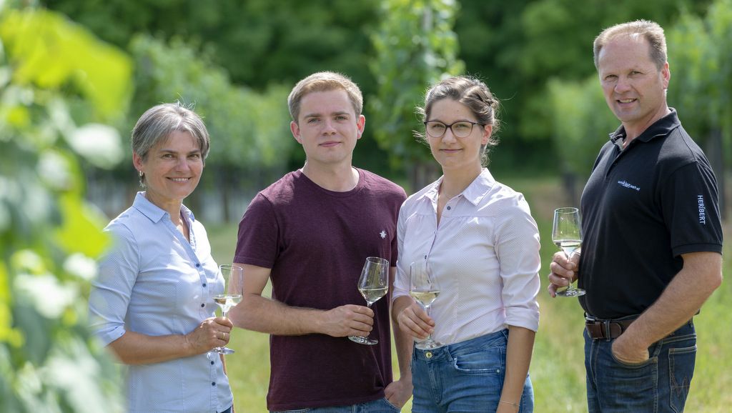 Vier Personen stehen in einem Weinberg und halten Weingläser.