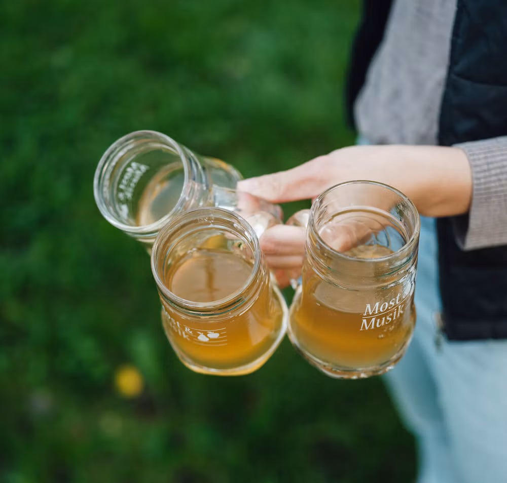 Inmitten der grünen Wiesen erheben sich drei Gläser mit goldenem Most, die auf eine gesellige Runde anstoßen. Die frische Luft und die idyllische Umgebung laden dazu ein, die köstlichen Aromen der Region zu genießen und unvergessliche Momente mit Freunden zu teilen.