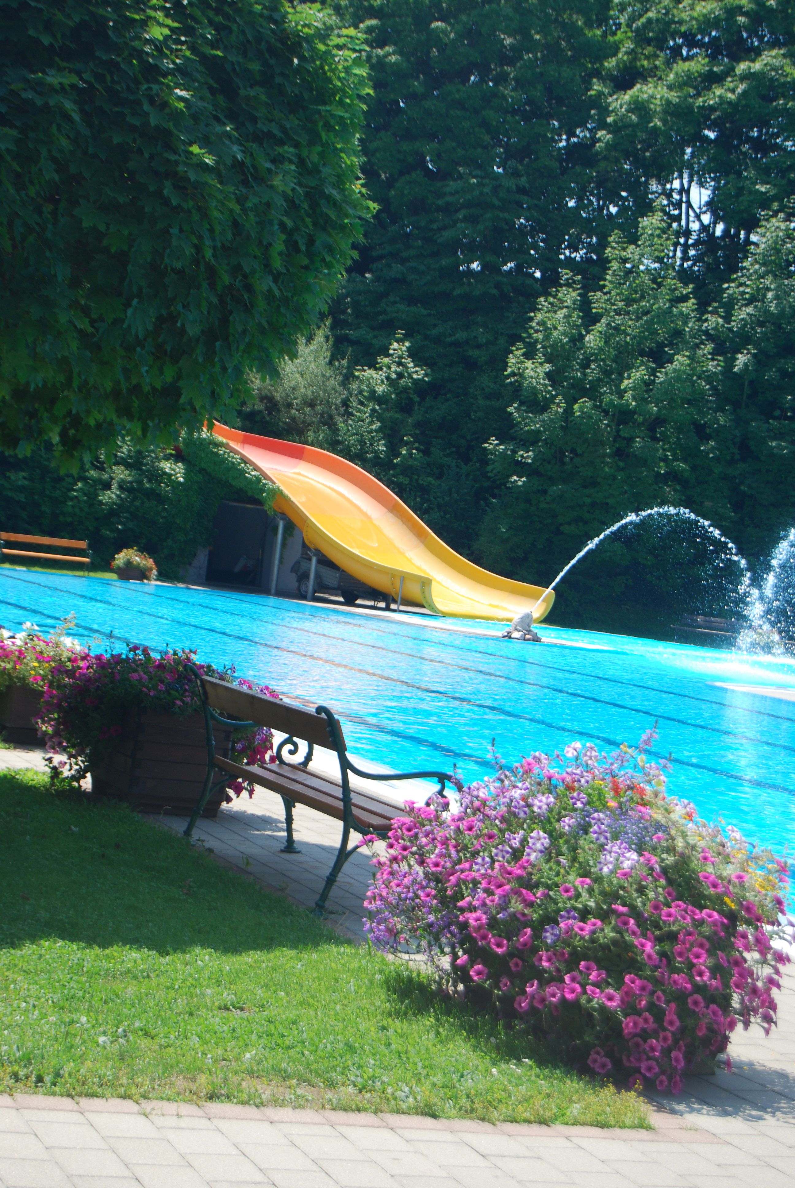 Ein Freibad mit einer gelben Rutsche, Wasserfontäne und Blumen im Vordergrund.