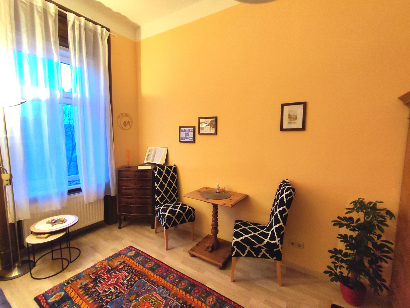 Gemütliches Zimmer mit zwei Stühlen, kleinem Tisch, Teppich und Pflanzen.