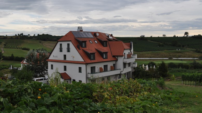 Ein Hotel mit rotem Dach inmitten einer gr&uuml;nen Landschaft mit Weinbergen im Hintergrund.