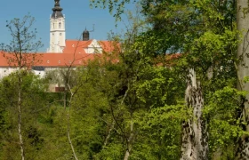 Blick auf ein Klostergebäude mit Turm hinter Bäumen im Stiftswald Altenburg.