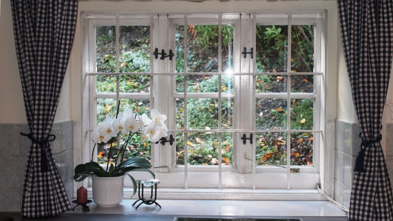 Fenster mit karierten Vorhängen und einer Orchidee auf der Fensterbank.