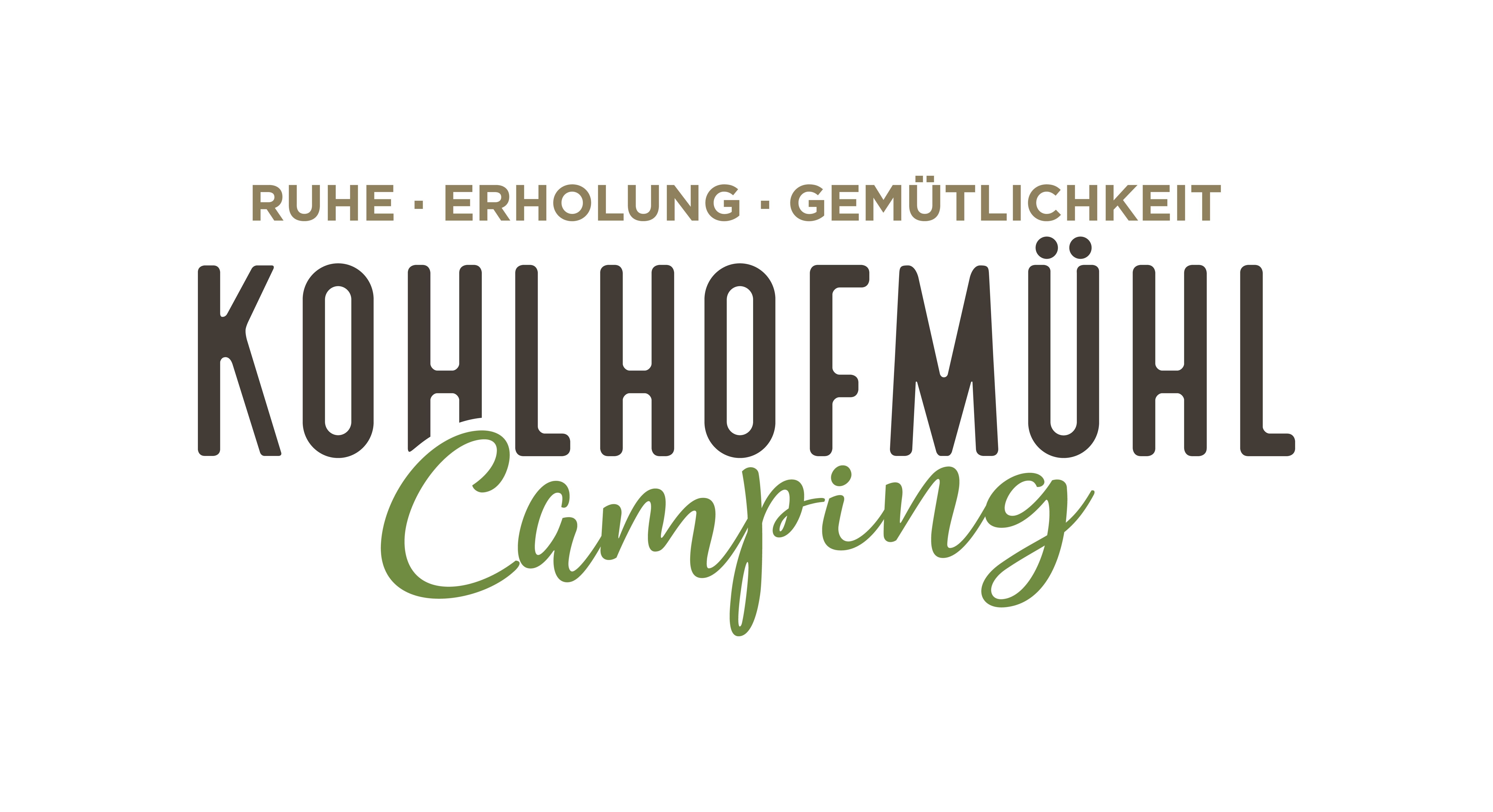 Logo von Kohlhofmühl Camping mit den Worten Ruhe, Erholung, Gemütlichkeit.
