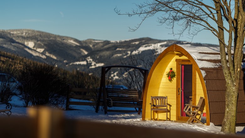 Ein kleines, holzverkleidetes H&auml;uschen im Schnee mit Berglandschaft im Hintergrund.