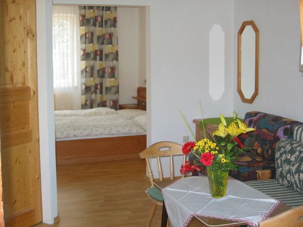 Wohnzimmer mit Tisch, Blumenstrauß und Blick ins Schlafzimmer.