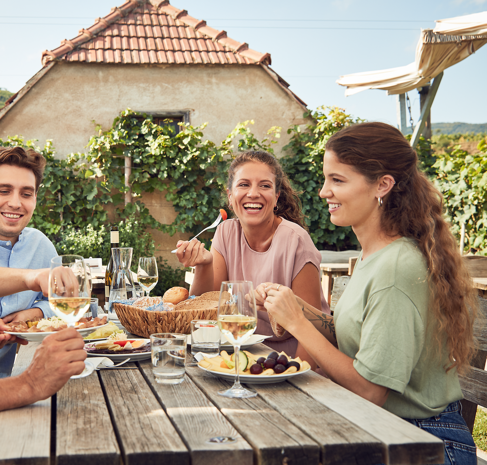 Eine fröhliche Runde von Freunden genießt ein köstliches Essen im Freien, umgeben von üppigem Grün und malerischen Weinbergen. Lachen und gute Gespräche schaffen eine einladende Atmosphäre, die den Sommer in vollen Zügen zelebriert.