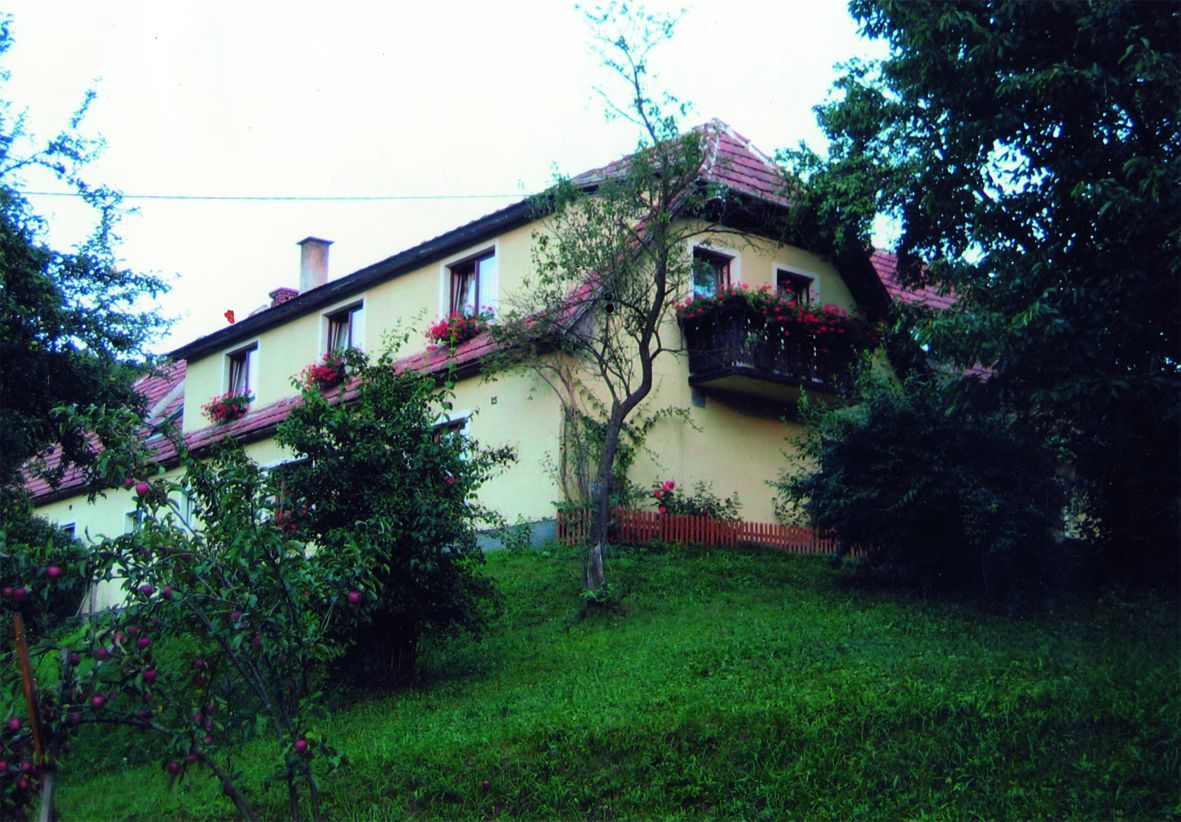Ein gelbes Haus mit roten Dachziegeln und Blumenkästen an den Fenstern, umgeben von Bäumen und einem grünen Hang.