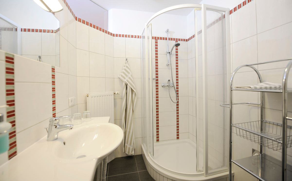 Modernes Badezimmer mit Dusche und Waschbecken.