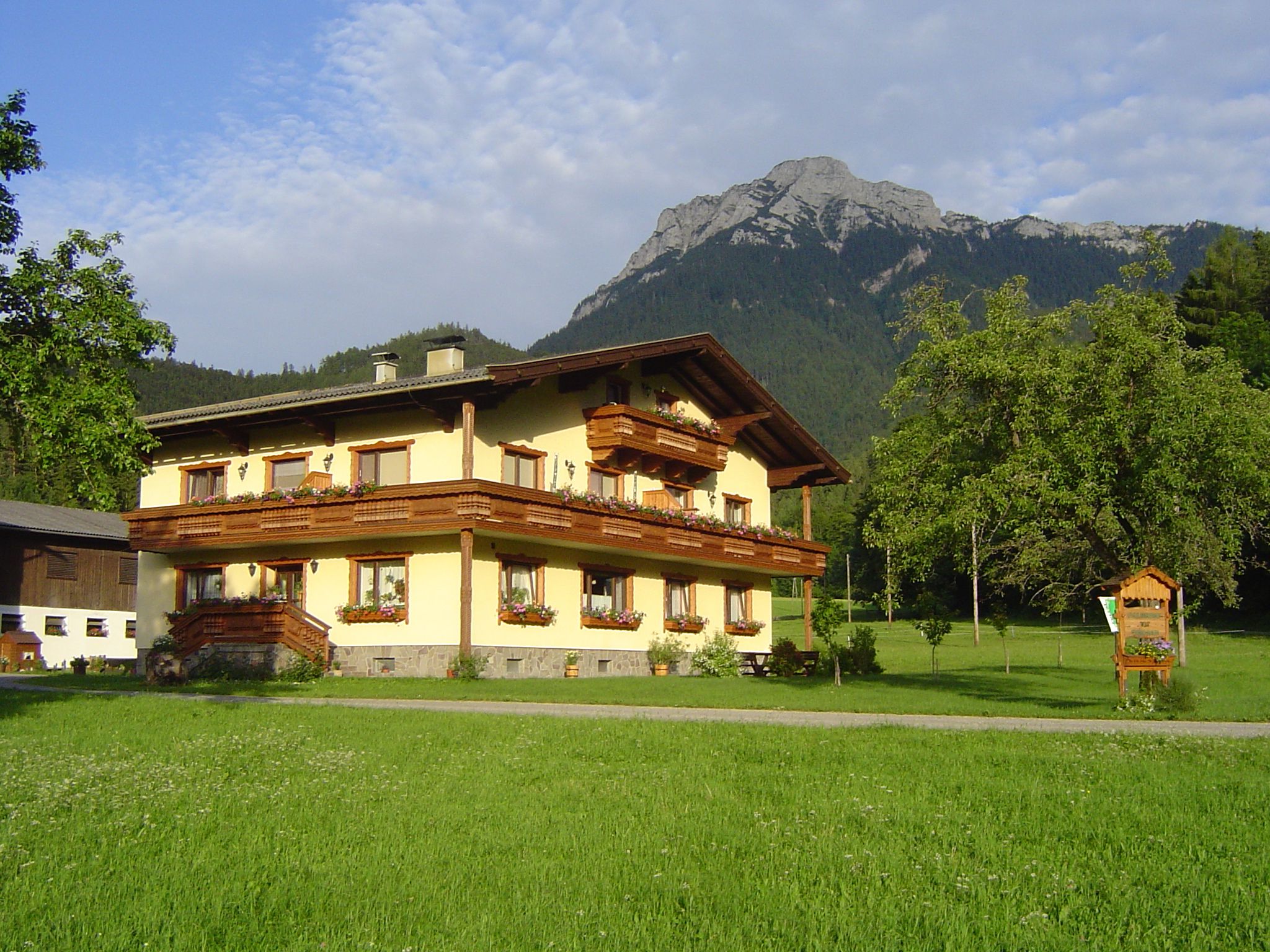 Ein traditionelles Bauernhaus vor einem Berg in einer grünen Landschaft.