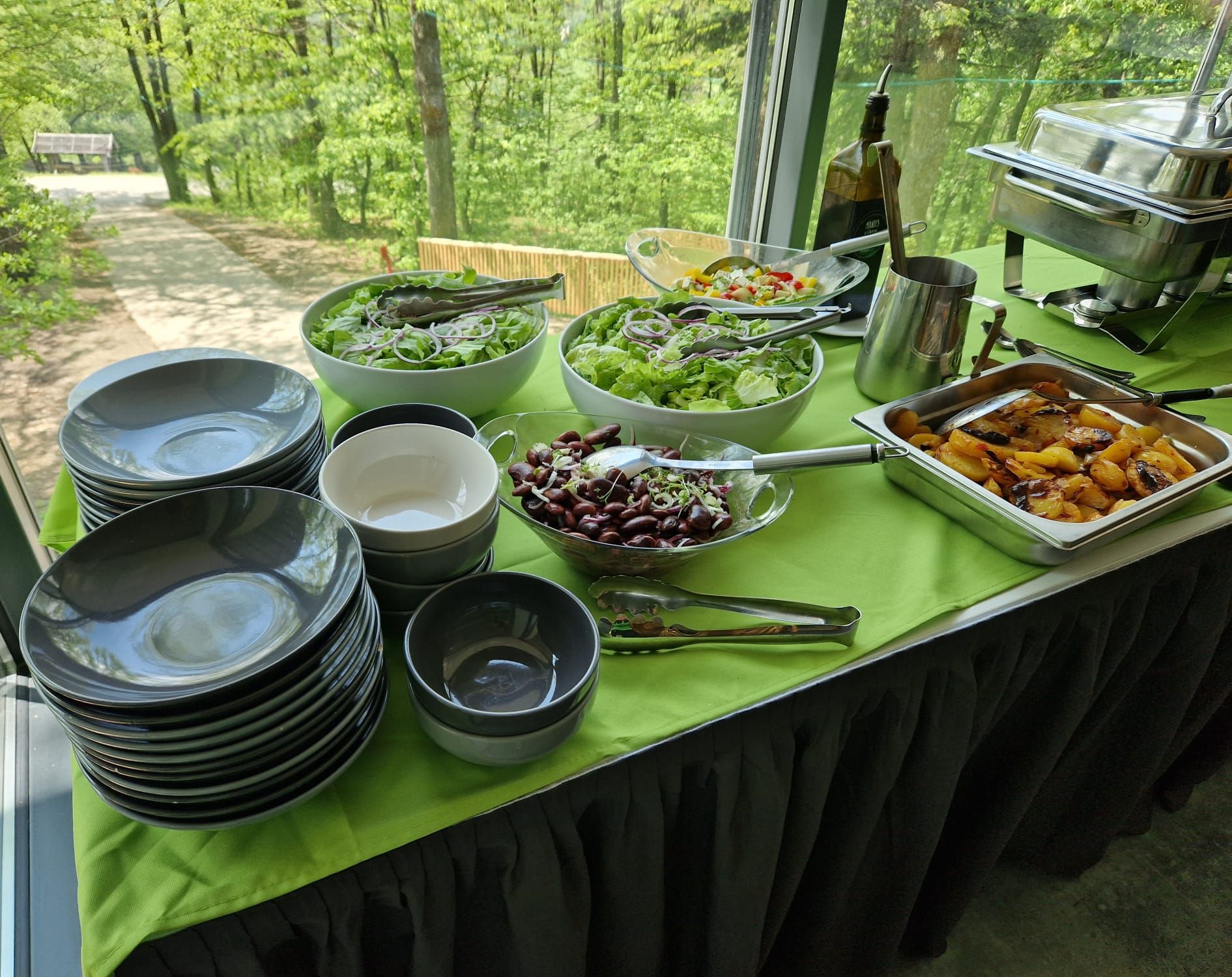 Buffet im Freien mit verschiedenen Salaten, Tellern, Kartoffeln und Besteck auf grünem Tischtuch.