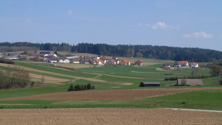 Landschaft mit Feldern und Dorf im Hintergrund, umgeben von Wald.