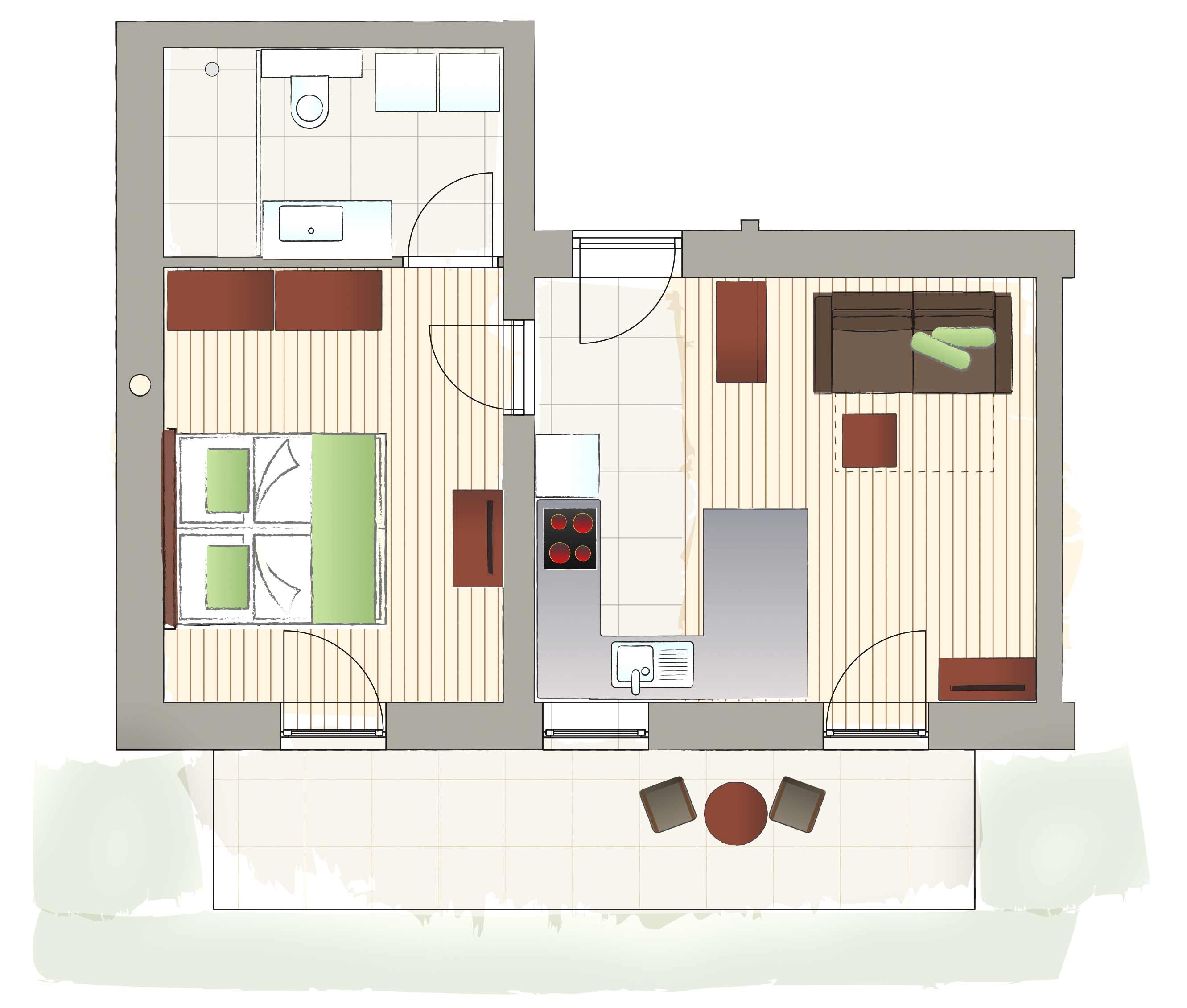 Grundriss einer Wohnung mit Schlafzimmer, Badezimmer, Küche und Wohnzimmer.
