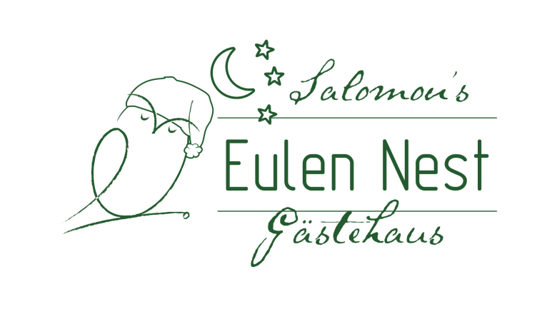 Logo des Eulen Nest G&auml;stehauses mit einer schlafenden Eule, Mond und Sternen.