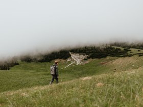 Sanfte Hügel und grüne Wiesen laden zu einer erholsamen Wanderung ein. Der Nebel umhüllt die Landschaft und schafft eine mystische Atmosphäre, während der Wanderer die Ruhe der Natur genießt. Hier in den Wiener Alpen wird jeder Schritt zu einem unvergesslichen Erlebnis.