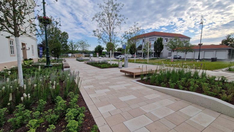 Weg am Nibelungenplatz mit Blumenbeeten