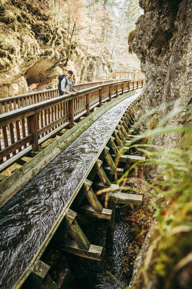 Mann schaut auf eine Wasserstraße für den Holztransport.