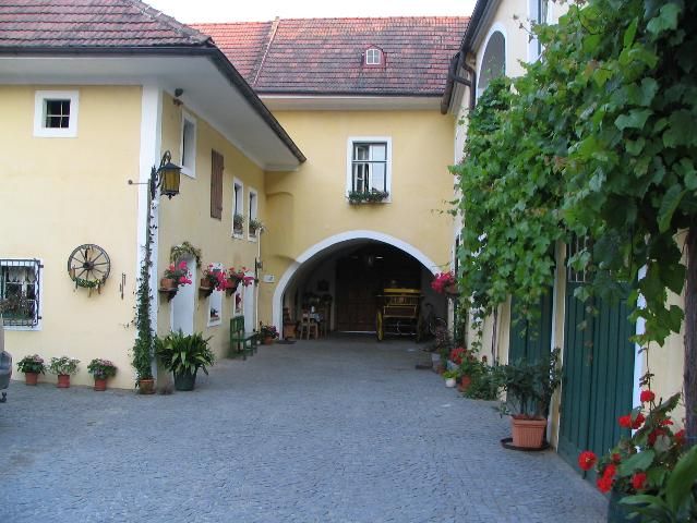 Innenhof eines traditionellen Winzerhofs mit gelben Wänden, Blumen und Weinreben.