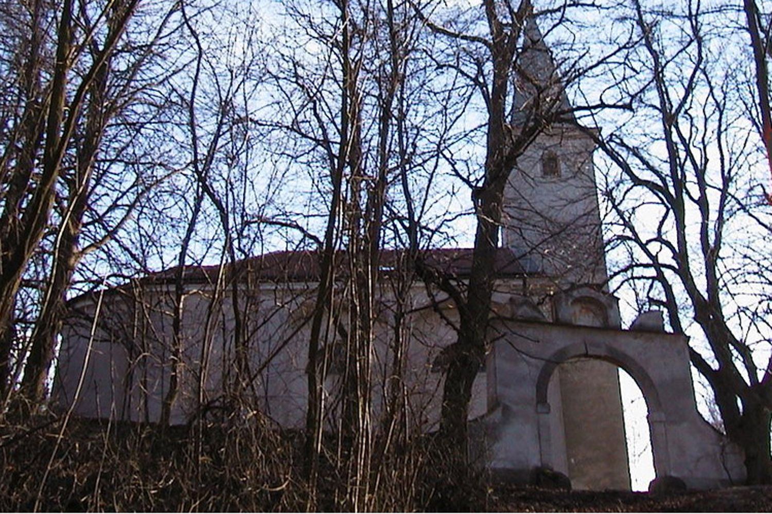 Kirche auf einem Hügel hinter kahlen Bäumen im Winter.