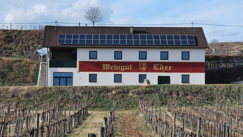 Weingut Eder mit Solarpanelen auf dem Dach und Weinreben im Vordergrund.