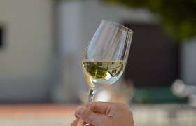 Eine Hand h&auml;lt ein Weinglas mit Wei&szlig;wein im Freien.
