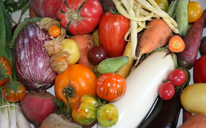 Verschiedene bunte Gem&uuml;sesorten auf einem Haufen.