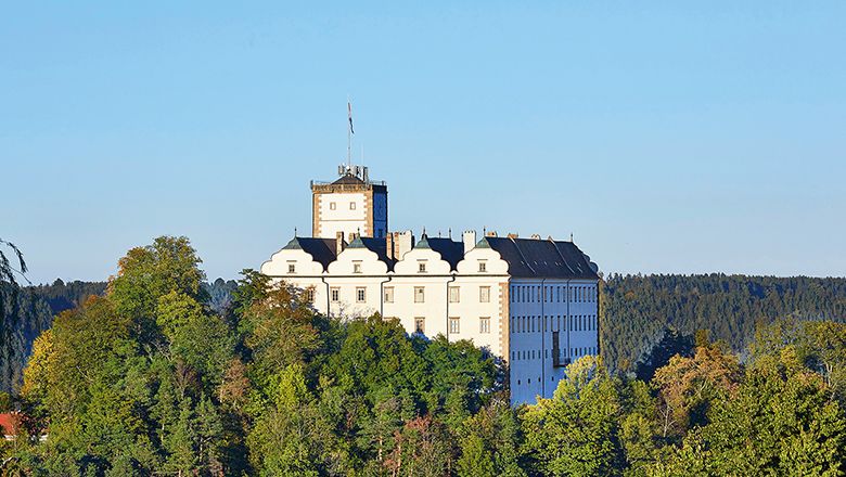 Schloss Weitra auf einem bewaldeten Hügel vor blauem Himmel.