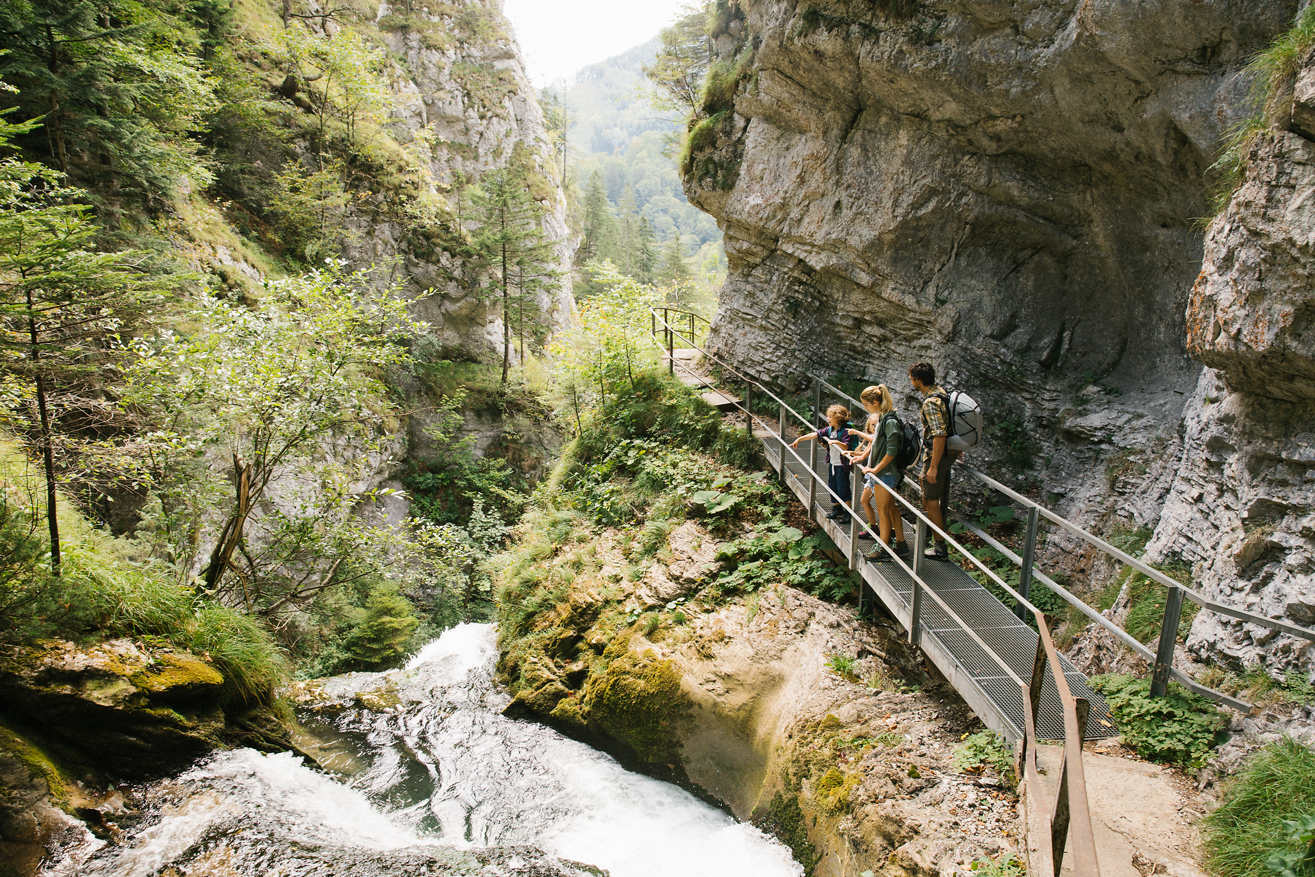 Ein malerischer Wanderweg schlängelt sich entlang des rauschenden Wassers, umgeben von üppigem Grün und majestätischen Felsen. Familien genießen die frische Luft und die atemberaubenden Ausblicke auf die Natur, während sie die Schönheit des Naturparks Ötscher Tormäuer entdecken.