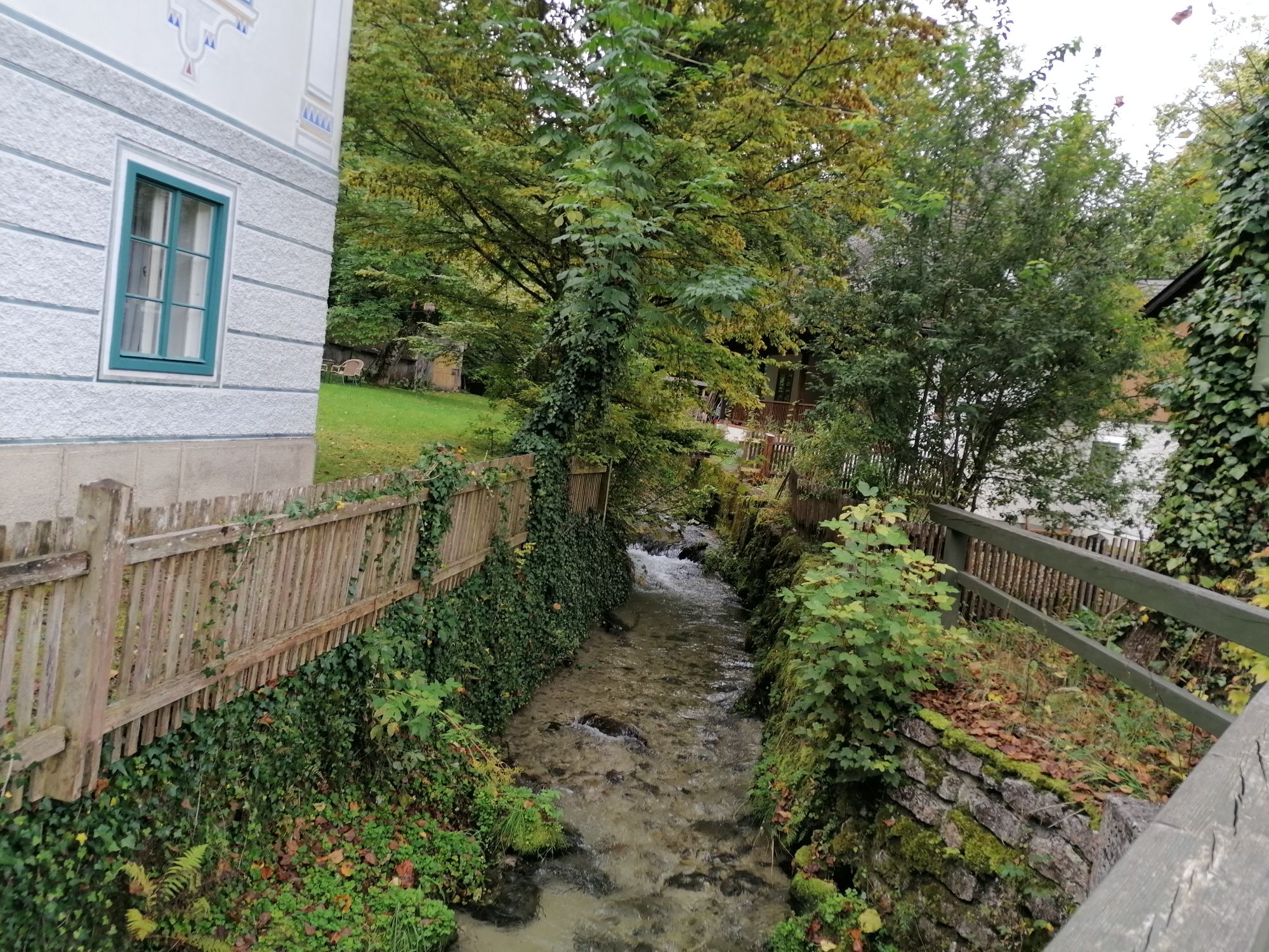 Ein kleiner Bach fließt zwischen einem Haus und einem Holzzaun, umgeben von Bäumen und Pflanzen.