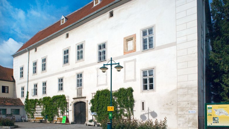 Schloss Traismauer mit wei&szlig;er Fassade und roten Dachziegeln, umgeben von Pflanzen und einem gepflasterten Vorplatz.