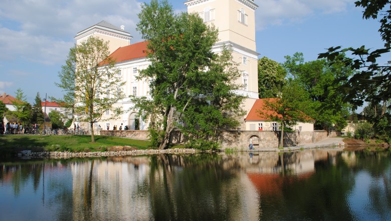 Schloss Wolkersdorf mit Spiegelung im Wasser und umgeben von B&auml;umen.