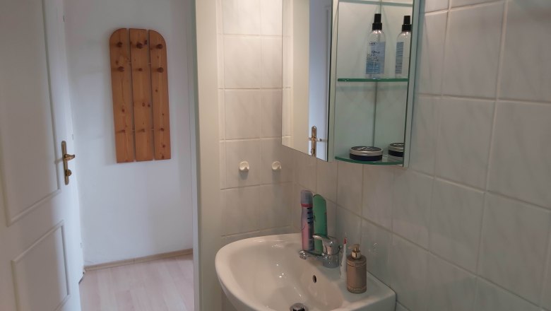 Kleines Badezimmer mit Waschbecken, Spiegel und Pflegeprodukten.