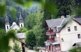 Wallfahrtskirche Maria Seesal mit umliegenden Gebäuden und Wald im Hintergrund.