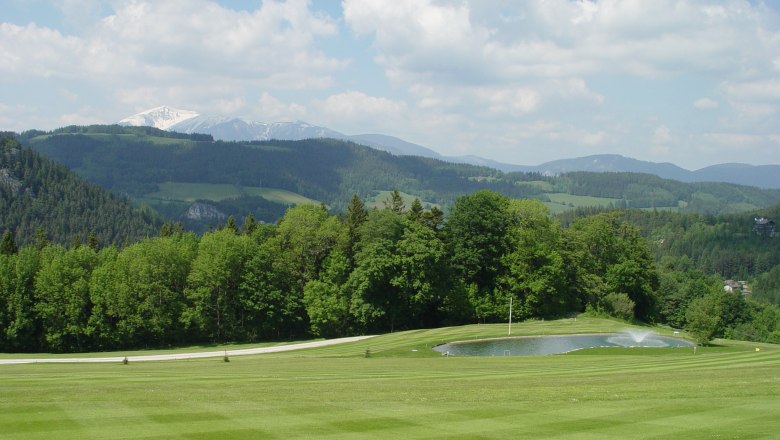 Gr&uuml;ne Golfplatzlandschaft mit Teich und bewaldeten H&uuml;geln im Hintergrund.