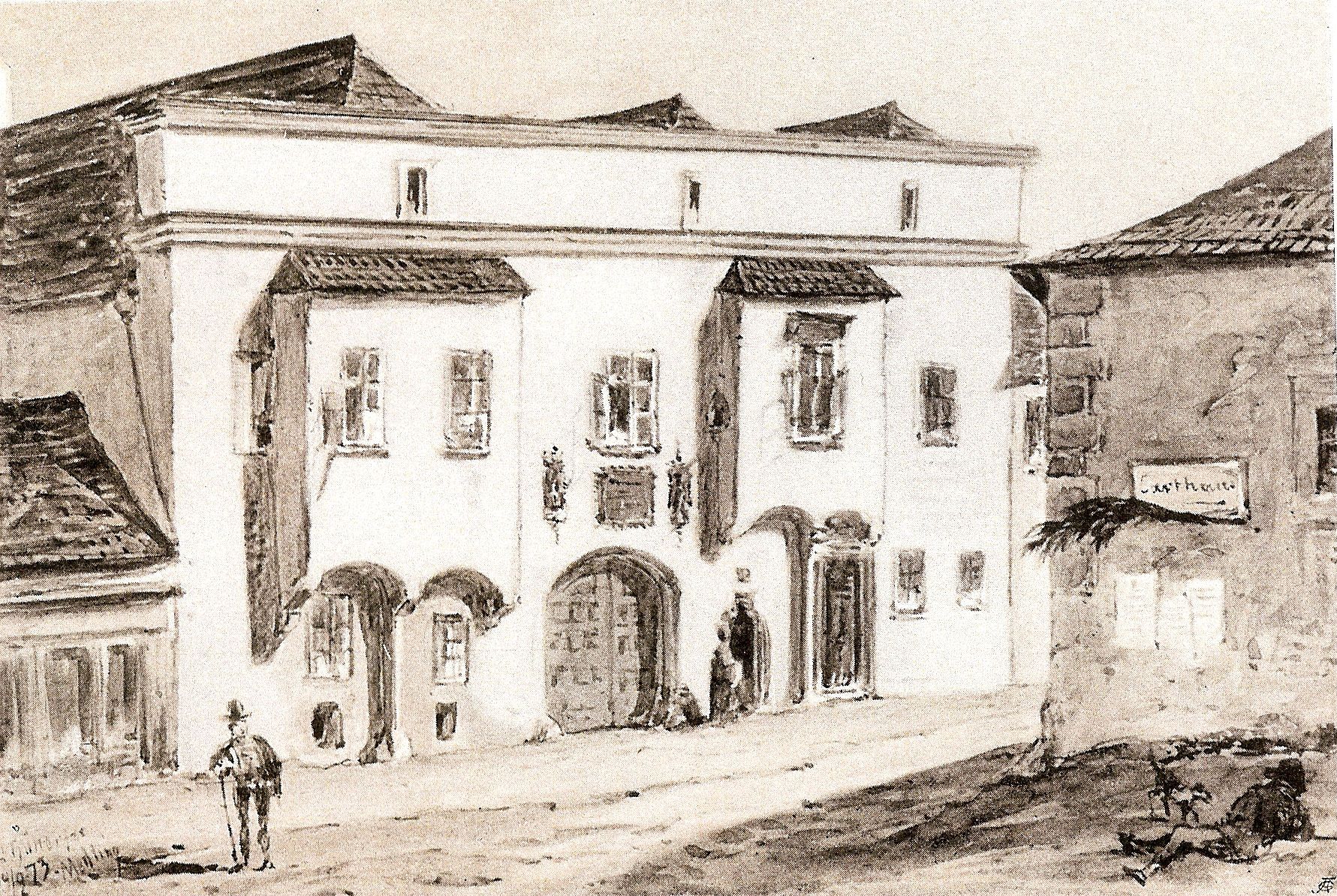 Historische Zeichnung eines Gebäudes mit Rundbögen und Fenstern, zwei Personen stehen davor.