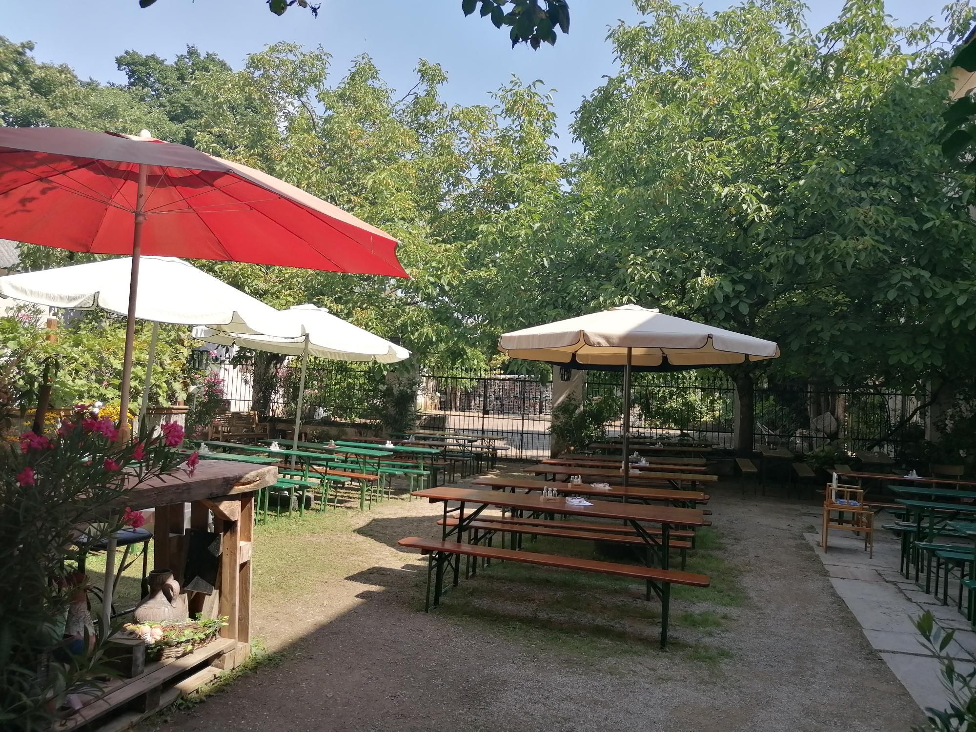 Ein ruhiger Innenhof mit Holzbänken und Tischen unter großen Sonnenschirmen und Bäumen.