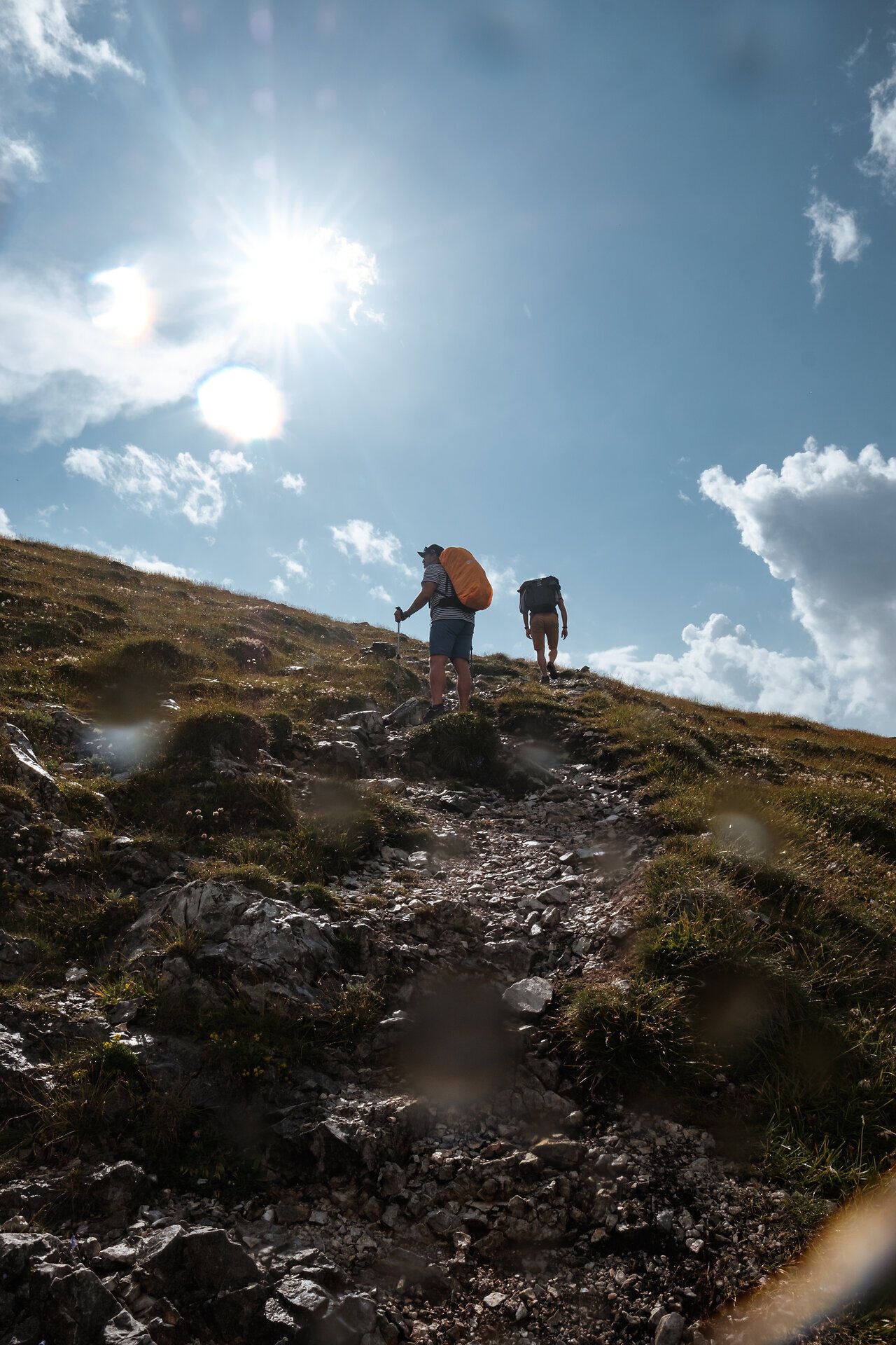 Die Wanderer erklimmen den sanften Hang, umgeben von üppigem Grün und dem strahlenden Licht der Sonne. Die frische Bergluft und die atemberaubenden Ausblicke laden dazu ein, die Schönheit der Natur in vollen Zügen zu genießen.
