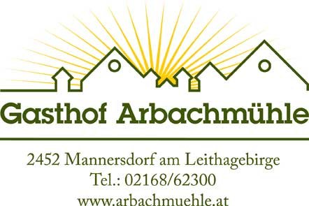 Logo des Gasthofs Arbachm&uuml;hle mit stilisierten H&auml;usern und Sonnenstrahlen.