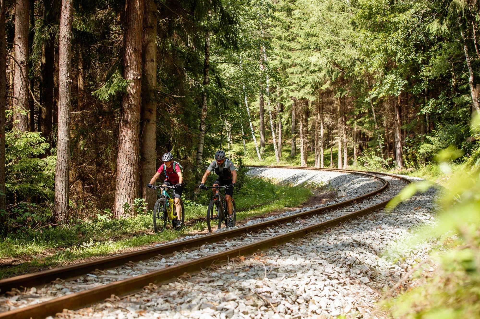 Zwei Radfahrer fahren auf einem Pfad neben Bahngleisen durch einen Wald.