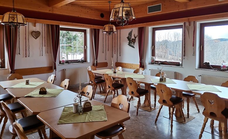 Gemütliche Gaststube mit Holzmöbeln und grünen Tischdecken, großen Fenstern und rustikaler Dekoration.