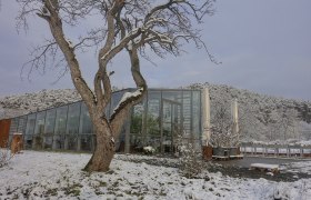 Eine moderne Orangerie im Winter, umgeben von schneebedeckten B&auml;umen und H&uuml;geln.