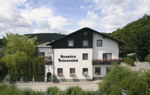 Ein zweist&ouml;ckiges Geb&auml;ude mit der Aufschrift 'Pension Seelenental', umgeben von B&auml;umen und Str&auml;uchern.