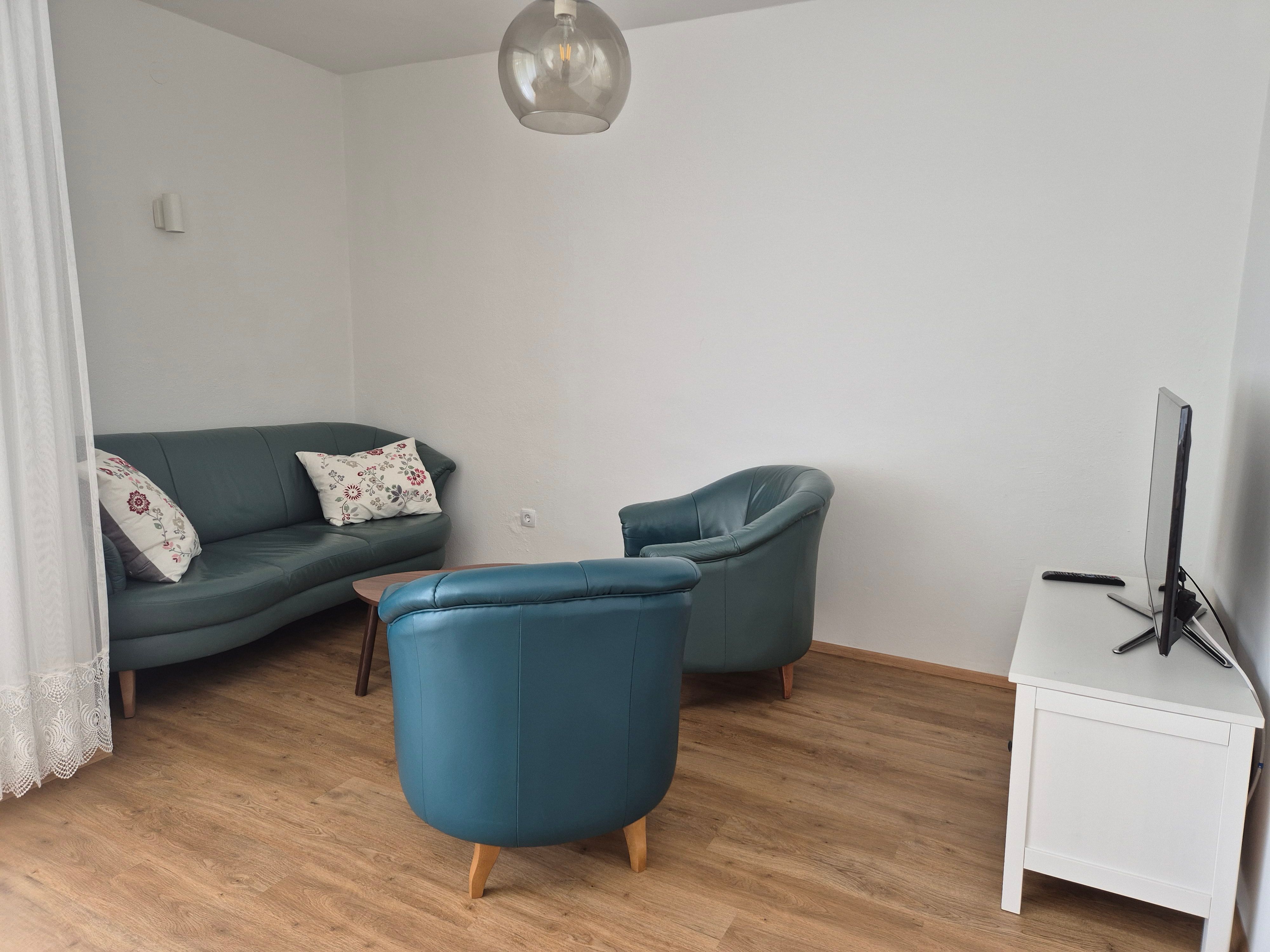 Wohnzimmer mit blauen Sofas, Holzboden und Fernseher.