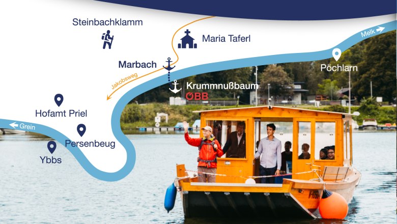 Eine Zille auf einem Fluss mit einer Übersichtskarte der Umgebung.