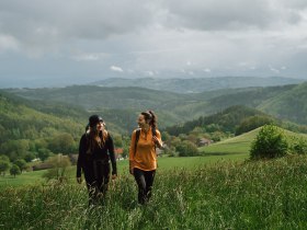 Zwei Wanderer genießen die frische Bergluft und die atemberaubende Aussicht auf die sanften Hügel und dichten Wälder. Umgeben von üppigem Grün und dem sanften Rauschen des Windes, erleben sie die Freiheit und Schönheit der Natur in vollen Zügen.